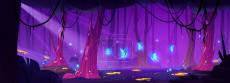 Magic night forest landscape cartoon background with firefly and ore puddle glow. Fantasy jungle game illustration with tree and mysterious mushroom. Tropical wonderland with fantastic glowworm
