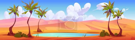 Téléchargez les illustrations : Egypte oasis désertique avec fond paysage étang et palmiers. Ciel nuageux et collines de sable vides bande dessinée sahara toile de fond. Illustration du panorama du mirage africain avec eau du lac et environnement de sécheresse - en licence libre de droit