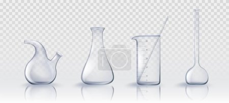 Illustration for 3d chemistry laboratory test glass beaker realistic vector. Lab clear glassware science tube equipment set on transparent background. Empty measuring bottle and chemical container collection - Royalty Free Image