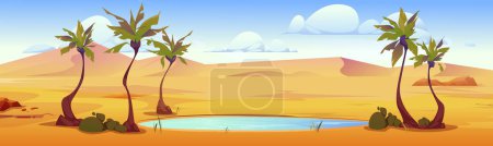 Téléchargez les illustrations : Désert sablonneux avec petit lac sous les palmiers. Illustration vectorielle de paysage africain avec étang, dunes, plantes tropicales, pierres près de l'eau, ciel nuageux, saison de sécheresse, fond de jeu de voyage - en licence libre de droit