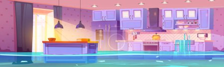 Illustration for Wet home kitchen flooded with tap water. Vector cartoon illustration of modern dining room in house with furniture and appliances covered with sewage leaking from clogged sink or damaged old pipe - Royalty Free Image