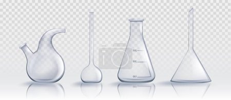 Illustration for Realistic laboratory glassware set isolated on transparent background. Vector illustration of lab retort, volumetric, conical flasks, graduated containers for scientific experiment, chemical substance - Royalty Free Image