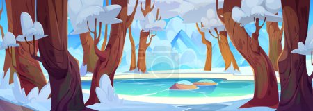 Illustration for Winter forest with mountain frozen lake cartoon landscape illustration. Snow on tree and rock in empty deep nature wilderness game location. White snowy place drawing for journey and adventure - Royalty Free Image