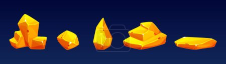 Illustration for Gold mine nugget and rock - cartoon vector illustration set of small and big golden gem stones. Solid natural treasure. Shiny golden crystals for game currency. Pieces of yellow ore raw materials. - Royalty Free Image
