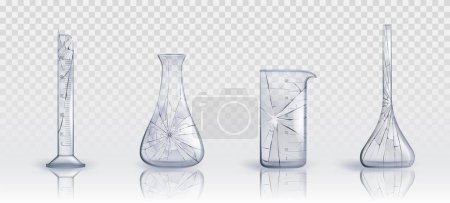 Illustration for Broken lab medical glass tube test equipment set. Chemical laboratory realistic funnel for science research vector object collection. 3d clear medicine experimental cylinder and measure container - Royalty Free Image