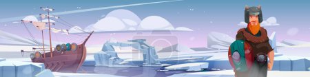Illustration for Viking frozen north pole ice landscape background. Norman travel on ship near iceberg antarctica illustration. Scandinavian character design in freeze sea nature environment. Northern outdoor scene - Royalty Free Image