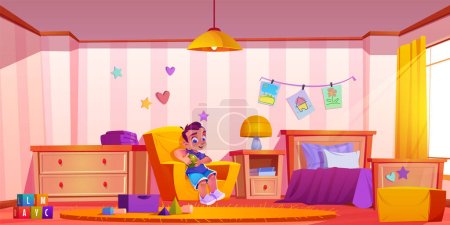 Interior de la habitación de los niños con muebles y juguetes ilustración vector de dibujos animados. Niño pequeño con bola se sienta en sillón en habitación luminosa y luminosa decorada por estrellas e imágenes con cama, cajón y ventana grande.