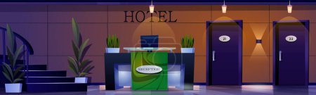Hotel reception desk and lobby. Vector cartoon illustration of large hallway, locked room doors, flower pots with green plants, dimmed light in hall, computer on table, staircase. Hospitality business