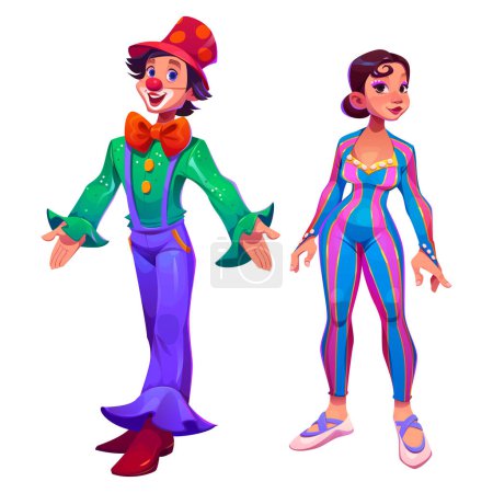 Illustration for Clown and performer circus carnival character vector set. Acrobat artist in costume isolated cute comedy woman. Cirque man in hat and bow comedian clipart. Retro entertainment personage element - Royalty Free Image