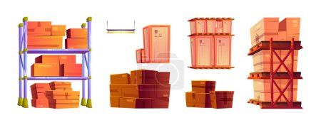 Illustration for Warehouse interior set with pallet and box vector. Factory logistic industry for package delivery. Stockroom rack isolated with goods in cargo package. Illustrated hangar construction with mail parcel - Royalty Free Image