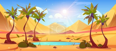 Illustration for Palm tree, lake in desert oasis and sun in sky vector egypt landscape. Sand mountain hills and pond water mirage east dry nature environment. African swamp coast with leaves horizontal wallpaper - Royalty Free Image