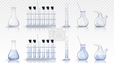 Illustration for 3d laboratory test glass beaker equipment vector. Science lab realistic glassware and tube. Isolated chemical flask set. Empty and filled scientific measuring cylinder bottle with fluid medicine water - Royalty Free Image