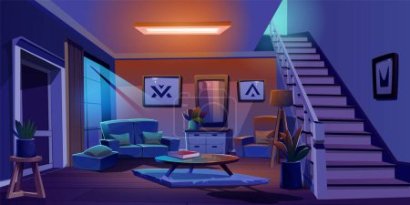 Illustration for Night home living room interior cartoon background. House apartment with staircase and moonlight from window. Indoor lamp glow decoration in flat foyer with table, armchair, mirror and couch. - Royalty Free Image