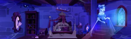 Illustration for Abandoned old castle bedroom with floating princess ghost cartoon illustration. Spooky palace bed room with dead character spirit. Broken female royal apartment at midnight scary horror scene - Royalty Free Image