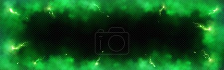 Illustration for Frame made of green smoke and lightning bolts with overlay effect. Realistic transparent vector border with fog and thunderstorm or energy charges. Bright glowing and luminous sparks in fume. - Royalty Free Image