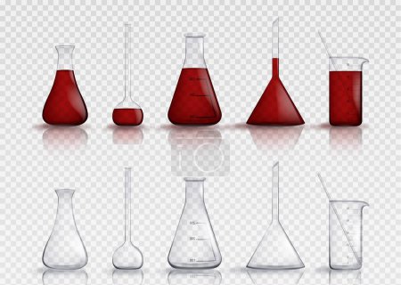 Illustration for Chemical laboratory glassware isolated on transparent background. Vector realistic illustration of empty flasks, graduated containers with red liquid substance for scientific experiment, blood test - Royalty Free Image