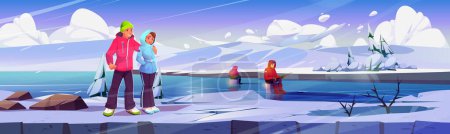 Illustration for Frozen north landscape with fisherman background. Man and woman travel on vacation to ice ocean shore. Cold Canada freeze water nature with character environment scene. White northern cartoon land - Royalty Free Image