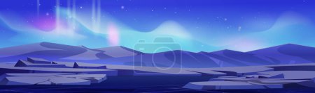 Illustration for Aurora borealis shimmering above ice landscape. Vector cartoon illustration of colorful abstract northern lights in night sky with many stars, rocky mountains, frozen water surface, nordic nature - Royalty Free Image