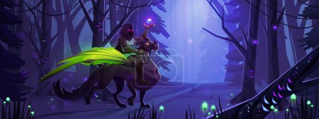 Mysterious knight riding griffin creature in night forest. Vector cartoon illustration of fairy tale warrior holding magic crystal ball in hand, sitting on fantastic hippogriff monster, spooky road