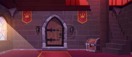 Illustration for Medieval castle hall with wooden door. Vector cartoon illustration of stone staircase in fairytale tower, red flags with royal crown emblem on wall, treasure chest on floor, sunlight in window - Royalty Free Image