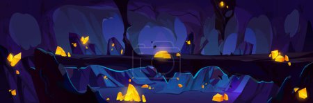 Dark cave with stone walls and golden shining crystals. Cartoon vector gold or diamond mine. Game path or level - rocky tunnel with treasure from inside. Magic dungeon with yellow gemstones.