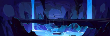 Illustration for Inside mine cave cartoon game background vector scene. Dark cavern drawing with bridge, underground river and fantasy waterfall. Scary fairy tale mysterious panorama for adventure mobile rpg design - Royalty Free Image