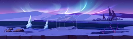 Paisaje invernal del norte con nieve cubierta y helada río, montañas, árboles y aurora boreal en el cielo. Dibujos animados ilustración vectorial del panorama polar nocturno. Paisaje del horizonte del crepúsculo ártico.