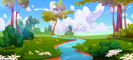 Cartoon forest landscape with river flowing between green banks with trees, bushes, grass and flowers over sky with clouds. Vector illustration of summer or spring natural scene with water stream.