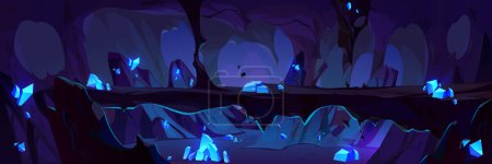 Illustration for Underground mine with crystal vector background. Dark cave graphic with glossy stone on scary landscape. Mysterious treasure inside mountain under ground cavern. Prehistory game level panorama - Royalty Free Image