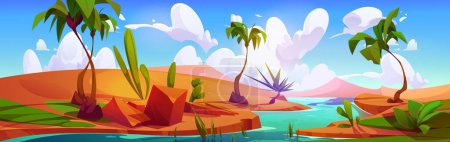 Téléchargez les illustrations : Rivière en Egypte désert de sable avec vecteur palmier. Terrain chaud et collines près de Nile. Oasis avec usine de cactus et environnement de brousse emplacement le jour ensoleillé. Terrain rocheux aride avec mirage d'eau - en licence libre de droit