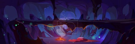 Illustration for Cave shelter with fire and mat vector game background. Underground mine cavern drawing with bridge and campfire. Prehistory mysterious inner mountain interior location design. Scary fantasy landscape - Royalty Free Image