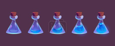 Illustration for Glass bottles with blue magic elixir isolated on background. Vector cartoon illustration of corked alchemy lab flasks, empty or filled with neon liquid substance, water, medicine, poison antidote - Royalty Free Image