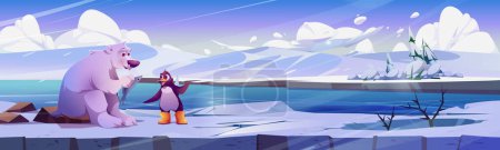 Weißer Eisbär mit Fischen und putzigem Pinguin in Stiefeln auf Eislandschaft. Vektor-Cartoon-Illustration lustiger Tiere auf großen Schollen, schneebedeckten Hügeln, kaltem Meereswasser Hintergrund. Wildtiere auf der Südhalbkugel
