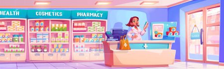 Pharmacy drug store interior vector illustration. Pharmacist character near counter in drugstore with medicine. Pharmaceutical pill treatment product in hospital sale by professional worker design