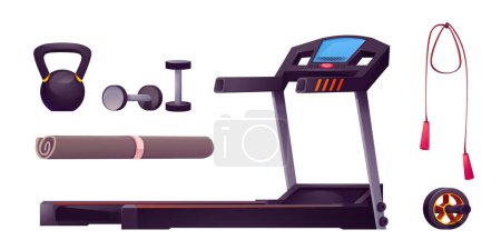 Illustration for Sports equipment set for workout in gym isolated on white background. Vector illustration of treadmill machine, dumbbell, weight, ab wheel, rolled yoga mat, skipping rope. Fitness center elements - Royalty Free Image