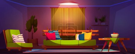 Green sofa in living room interior at night vector background. Indoor home furniture with couch and armchair in lounge panoramic concept. Rustic furnished colorful apartment livingroom inside