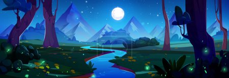 Téléchargez les illustrations : Paysage nocturne de montagne. Illustration vectorielle d'un ruisseau d'eau bleue coulant dans l'obscurité entre de vieux arbres, lucioles au néon luisant dans l'herbe et les fleurs d'été, pleine lune dans un ciel étoilé - en licence libre de droit