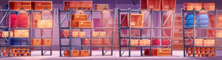 Illustration for Warehouse interior with boxes on shelves. Vector cartoon illustration of factory, delivery company, supermarket storehouse, wooden crates and plastic containes, lamps on ceiling, industrial background - Royalty Free Image