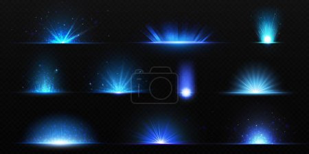 Ilustración de Explosión azul resplandor con luz brillante, rayos y polvo alrededor del flash con efecto transparente. Conjunto de ilustración vectorial realista de deslumbramiento de energía mágica con haces y destellos. Estallido de estrellas con esplendor. - Imagen libre de derechos