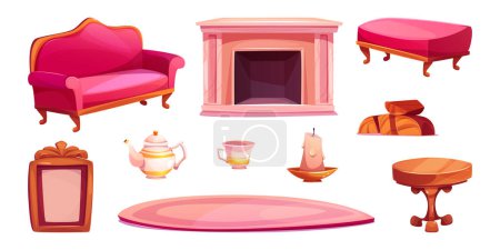 Illustration for Victorian living room interior design elements set isolated on white background. Vector cartoon illustration of pink couch and footstool, wooden table, fireplace, elegant porcelain cup and teapot - Royalty Free Image