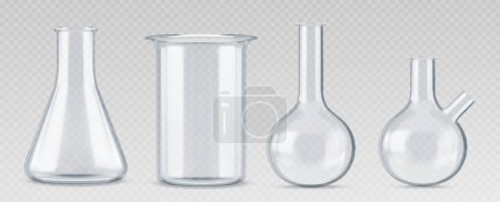 Illustration for 3d chemistry laboratory glass science test flask. Realistic lab beaker equipment. Chemical glassware tube isolated vector set. Empty cylinder measuring container for scientific medical experiment - Royalty Free Image