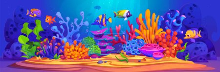 Underwater seaweed plant and coral background. Ocean reef scene with grass, rock, algae weed and tropical decorative fish cartoon game environment wallpaper. Nautical oceanic wildlife graphic design