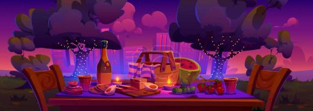 Romantic date or picnic evening in city park. Cartoon table with snacks and fruits, bottle of wine, wicker basket and candles in garden with multistory building cityscape. Night outside rest.