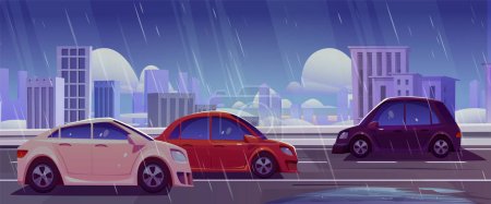 City street traffic on rainy day. Vector cartoon illustration of cars driving wet urban road, cityscape background with modern buildings, clouds on gloomy sky, water puddles on highway, driving safety
