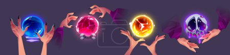 Magic fortune ball in witch hands - cartoon vector illustration set. Female arms with long nails work magic over glowing mystical spheres with power to predict future. Wizard fantasy luminous crystal.