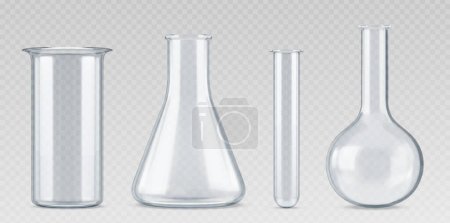 Illustration for 3d chemistry laboratory glass science test flask. Realistic lab beaker equipment. Chemical glassware tube isolated vector set. Empty cylinder measuring container for scientific medical experiment - Royalty Free Image