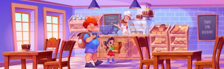 Woman on bakery shop counter and kid with bread cartoon background. Cafe store interior design with bread, donut and bun on showcase shelves. Happy character owner and man customer people scene