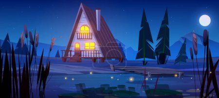 Illustration for Night wooden house near mountain lake. Vector cartoon illustration of cozy glamping hut with yellow light in windows and porch, pier above water, fir trees and grass, full moon glowing in starry sky - Royalty Free Image