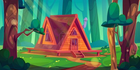 Wooden cabin in forest - cartoon woodland landscape with green trees and small holiday cottage. Path road lead to little wood house or hut with door, windows and moss on roof. Shack in garden.