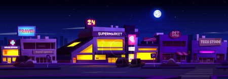 Ilustración de Estacionamiento de centro comercial o supermercado por la noche - tienda iluminada y farmacias ventanas y coches aparcados cerca. Dibujos animados vector paisaje de la noche con entrada al centro comercial o megastore. - Imagen libre de derechos